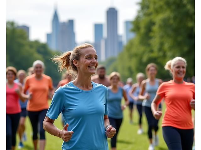 Group of diverse adults 35+ participating in an outdoor yoga class in an Atlanta park, with city skyline subtly in the background, exuding joy and camaraderie.