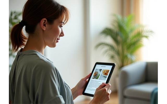 Woman thoughtfully reading a health article on a tablet, surrounded by natural light, symbolizing trustworthy information.