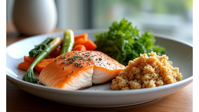 A person enjoying a balanced, vibrant meal of salmon and vegetables.