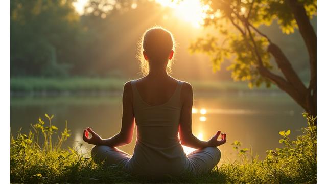 A tranquil scene of someone practicing meditation outdoors at sunrise.