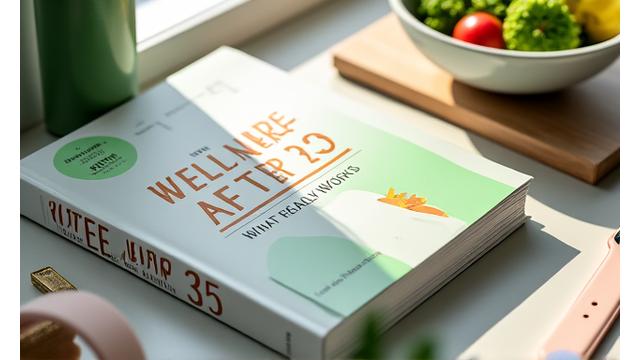 Open book titled 'Wellness After 35' with a healthy meal and fitness tracker