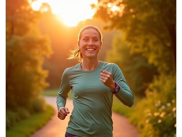 An active adult over 35 jogging outdoors with a fitness tracker, looking vibrant and healthy