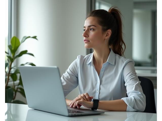 A focused professional in a modern office using a wearable device, looking calm and productive