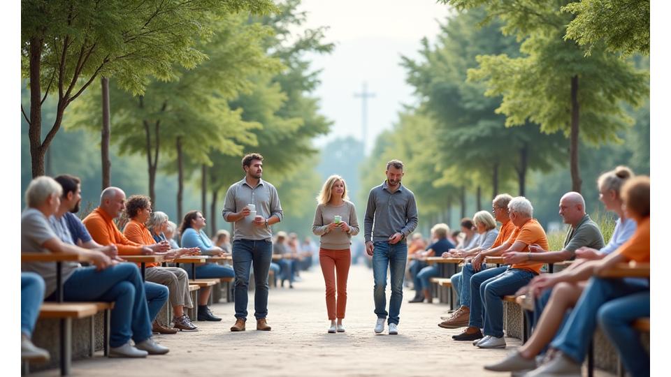 Diverse group of adults practicing mindful activities in urban settings, like walking, drinking tea, and reading.