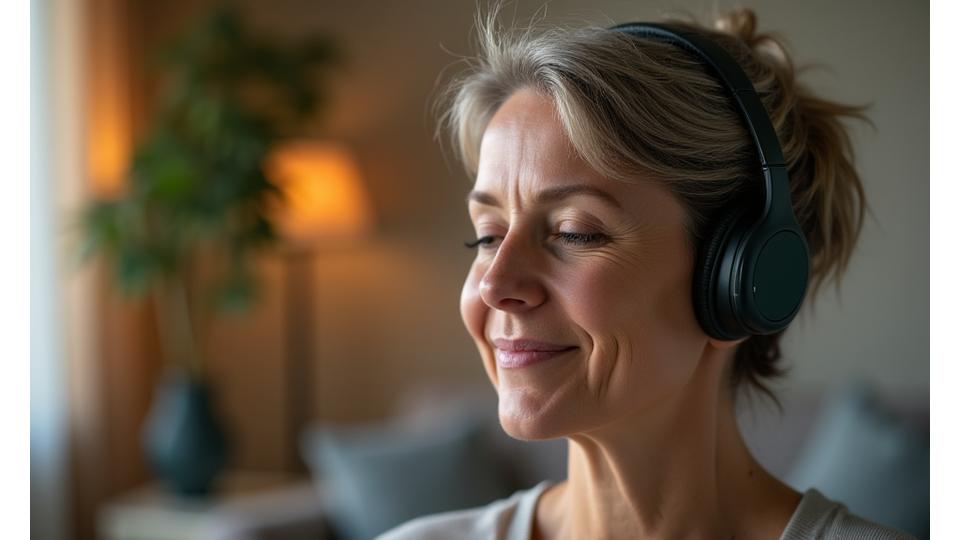 A serene person wearing wireless headphones, deeply engrossed in meditation, with soft light.