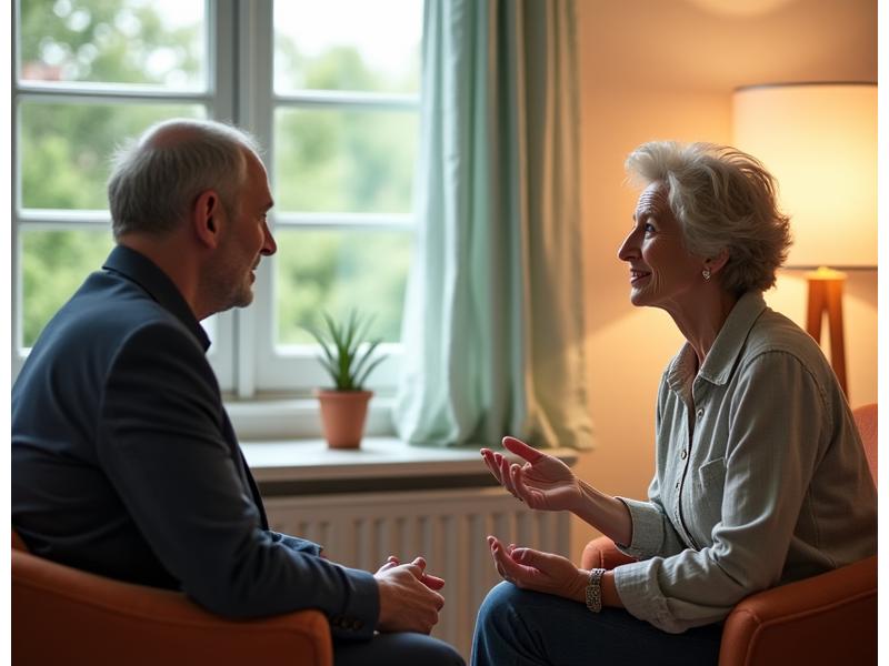 Two individuals in a calm, professional therapy session, one listening intently to the other, symbolizing empathetic support.