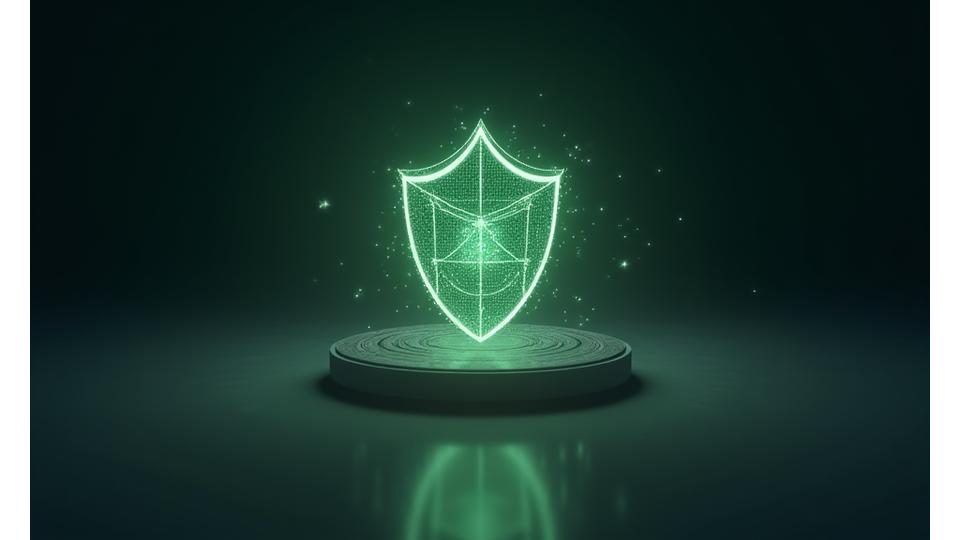 Abstract image of a transparent data shield protecting digital information on a secure network