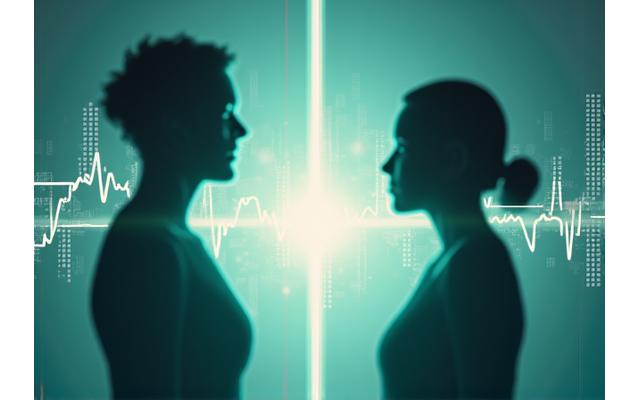 Illustration of a wellness coach guiding a user through a digital interface, with a clear boundary line indicating the scope of non-medical wellness advice.