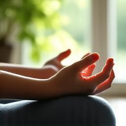 A tranquil scene of someone meditating in soft, dappled light, with hands resting peacefully.