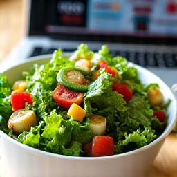 Close-up of a vibrant healthy salad bowl on a table next to a laptop displaying a nutrition consultation.