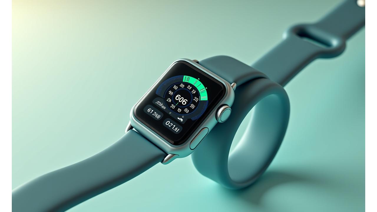 Close-up of a modern smartwatch displaying health data, intertwined with a smart ring and fitness tracker, all on a vibrant, light background.