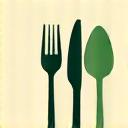 Stylized icon of a fork and knife with a small leaf, symbolizing nutrition tracking and meal timing optimization integrated with health data.