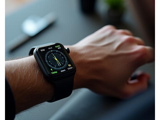 Close-up of a hand interacting with a smartwatch displaying a detailed health app, showing ECG or blood oxygen data, in a clean, sophisticated setting.